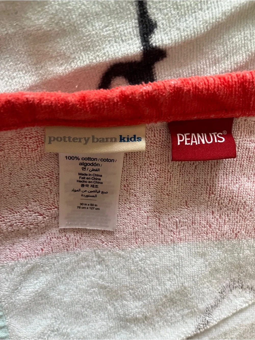 Pottery Barn Kids Red Hooded Beach Towel with Snoopy Cartoon